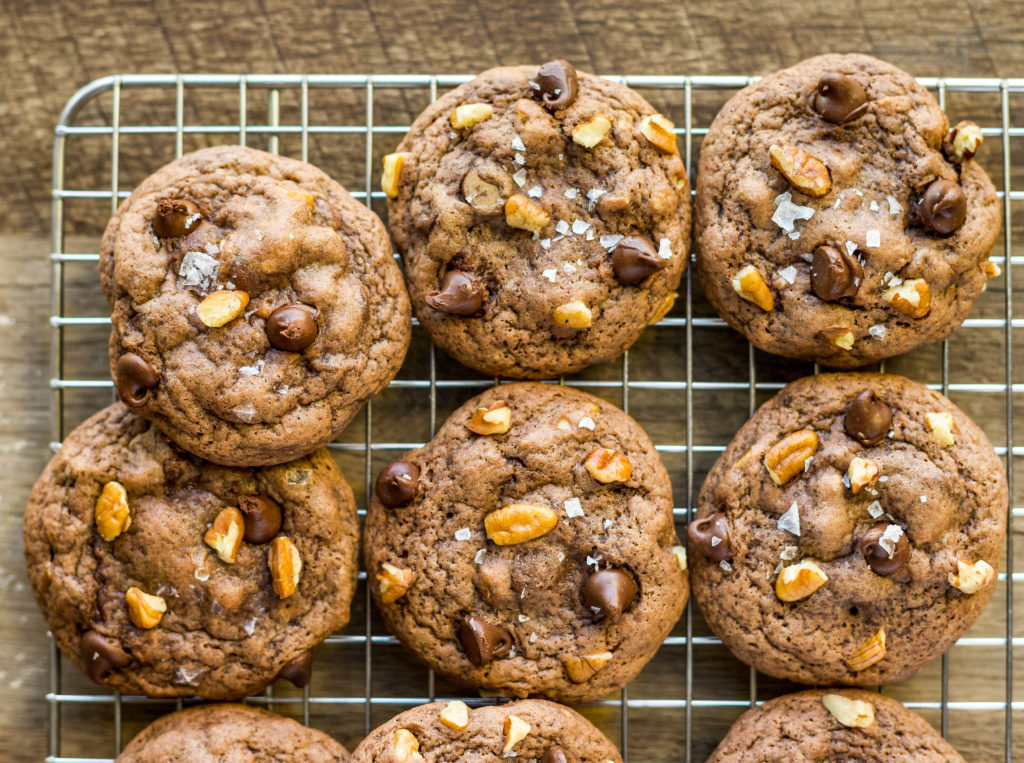 chewy chocolate chip + pecan cookies with Karo® Corn Syrup A Flavor